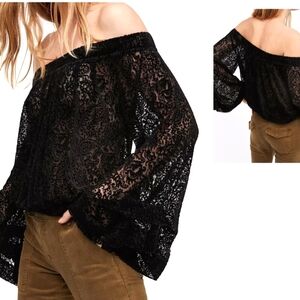 Nwt Free People We The Free Ginger Berry Off the Shoulder Top Velvet Sheer Black